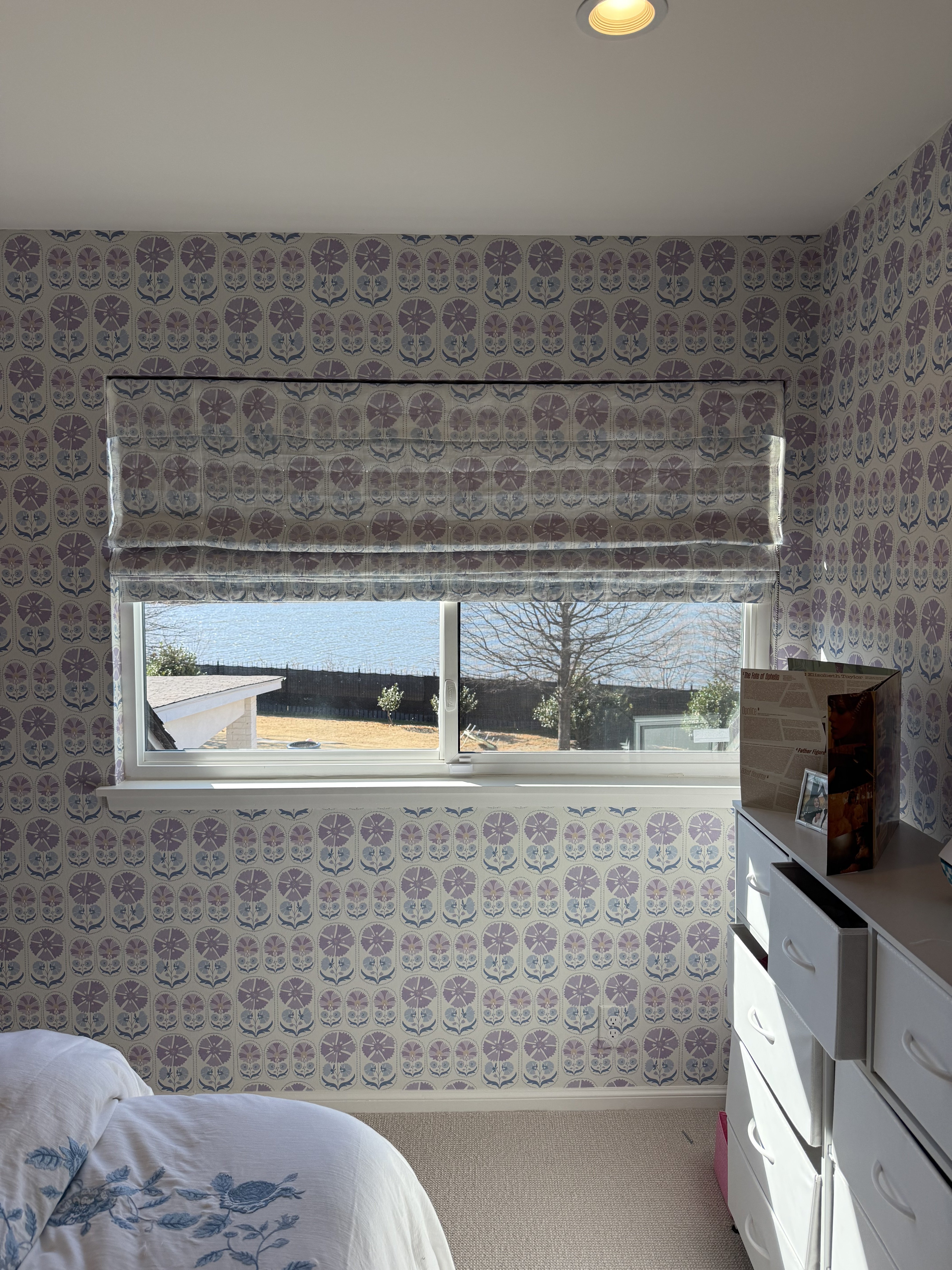 Sheer curtain panels with wallpaper bedroom Oklahoma City