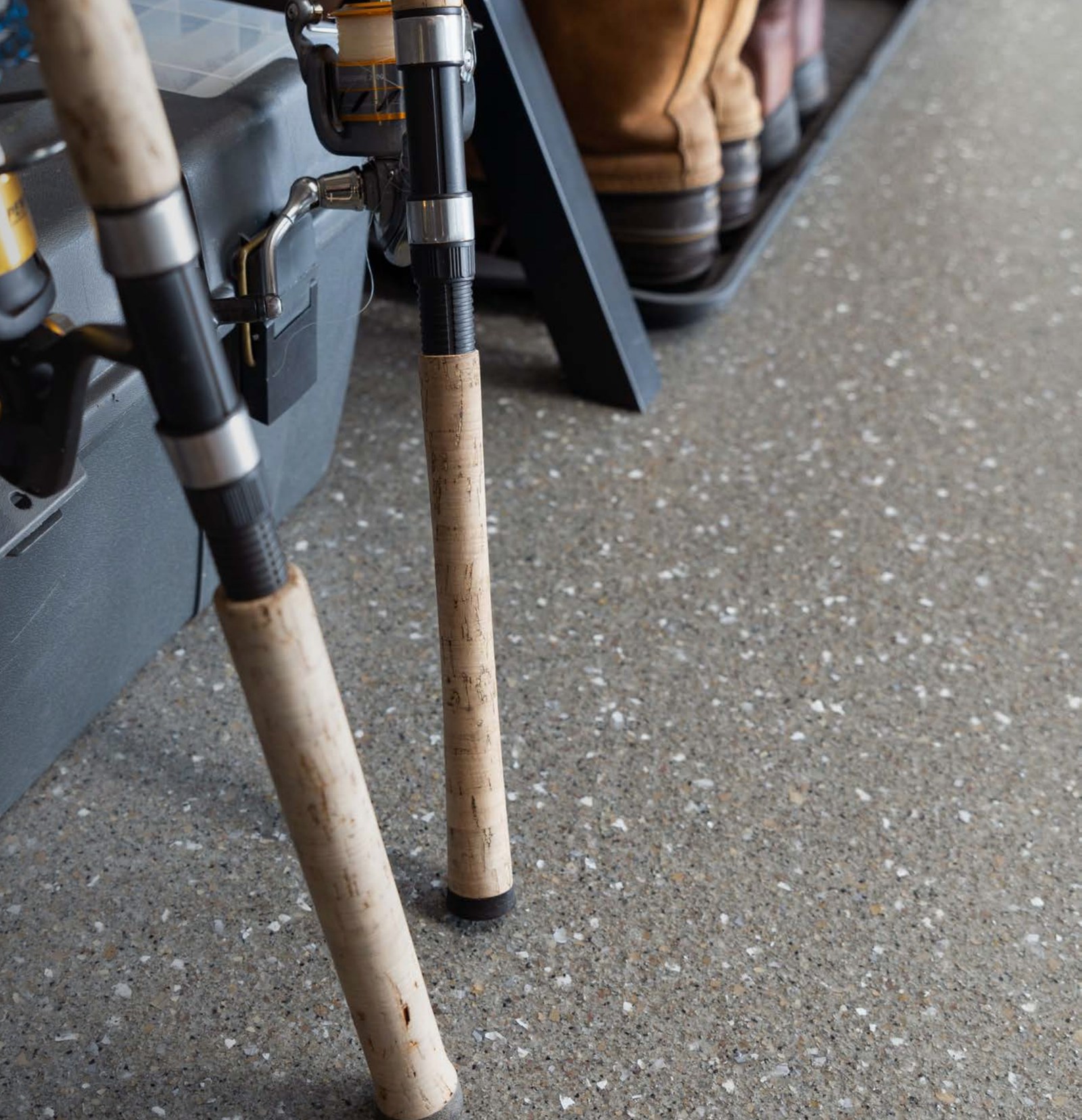 Epoxy garage floor with fishing gear